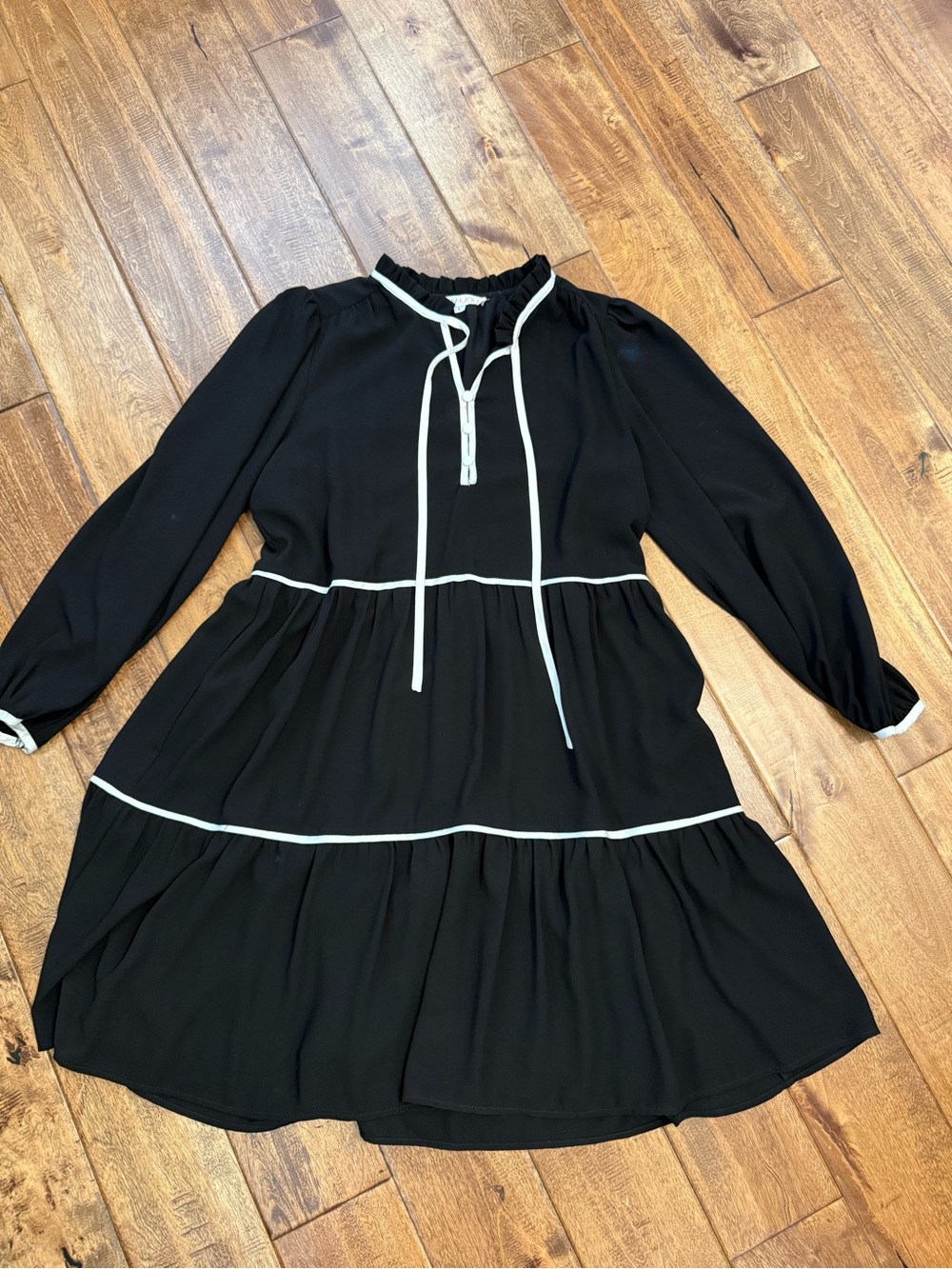 Joy Joy Black Tiered Long-Sleeve Dress with White Trim